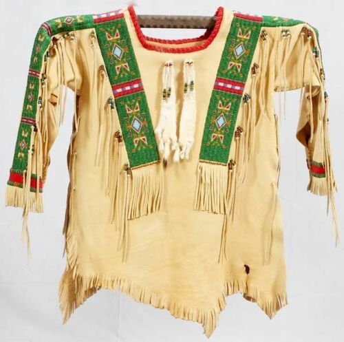 Beige Buckskin Suede Old Native American Style Beaded Powwow War Shirt PWNS587
