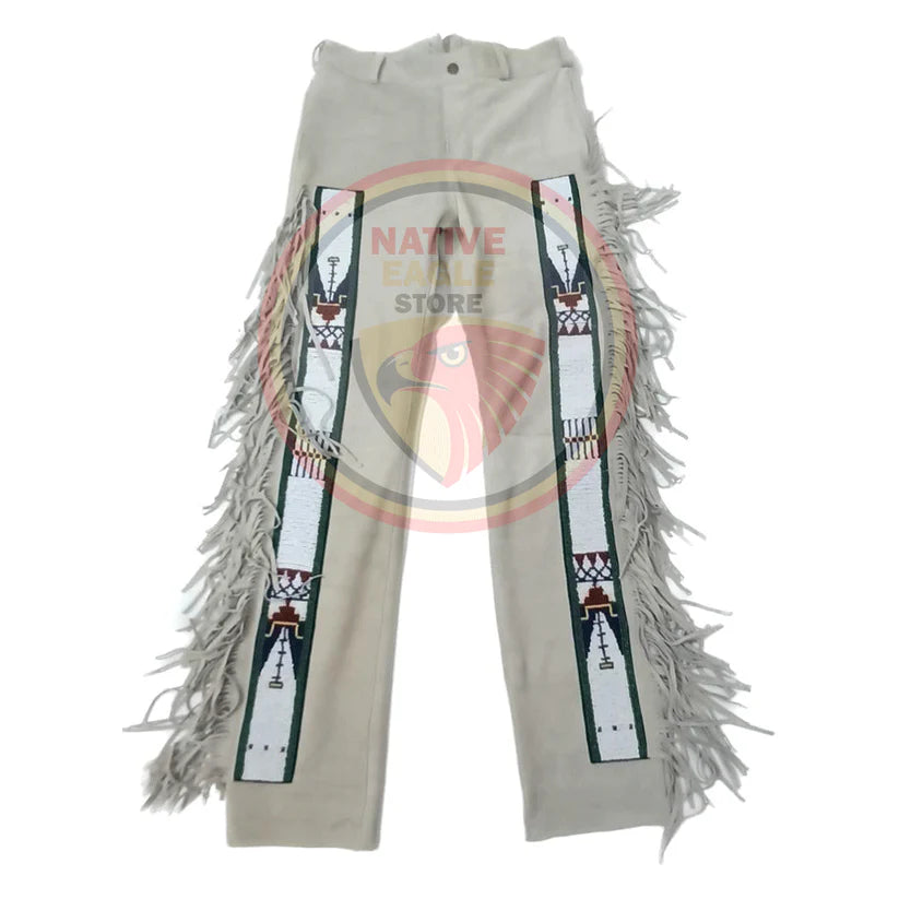 Native Men's Beige Buckskin Suede Leather Fringe Beaded Pants Powwow Pants NBP149