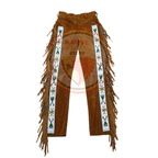 Native Men's Brown Buckskin Suede Leather Fringe Beaded Pants Powwow Pants NFP825