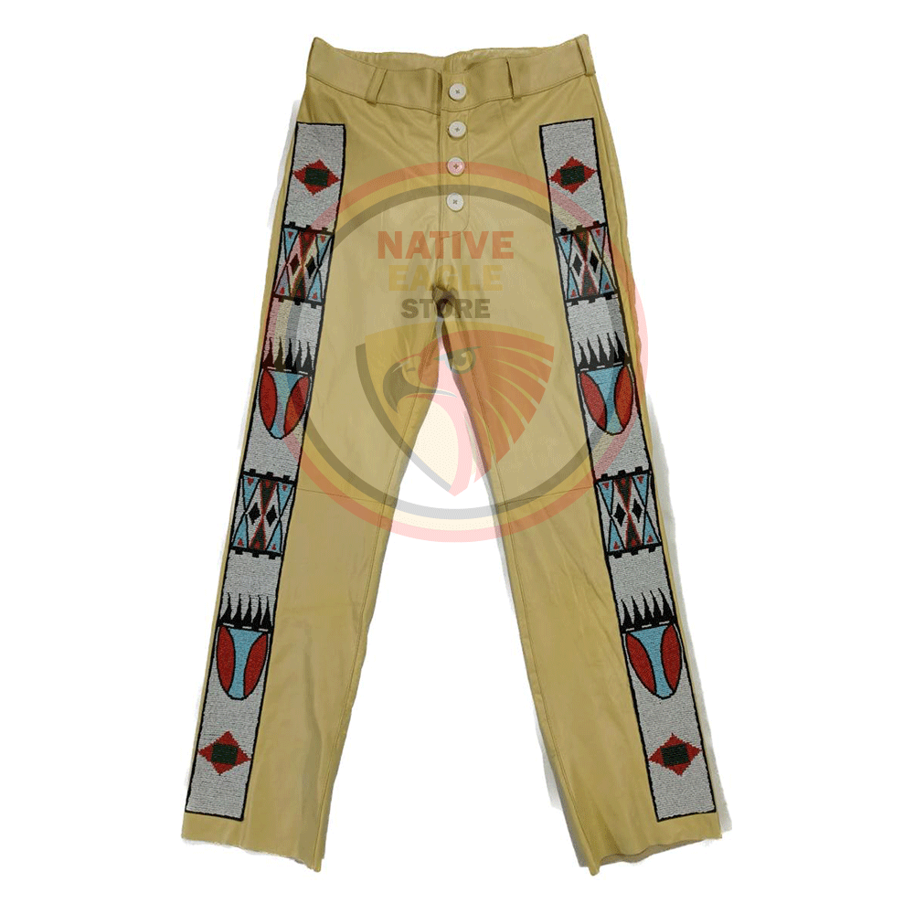 Native Men's Tan Buckskin Leather Beaded Pants Powwow Pant NLP348