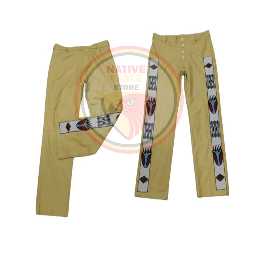 Native Men's Tan Buckskin Leather Beaded Pants Powwow Pant NLP348