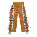 Native Men's Brown Buckskin Suede Leather Fringe Beaded Pants Powwow Pants NFP110