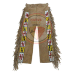 Native Men's Tan Buckskin Suede Leather Fringe Beaded Pants Powwow Pants NLP143