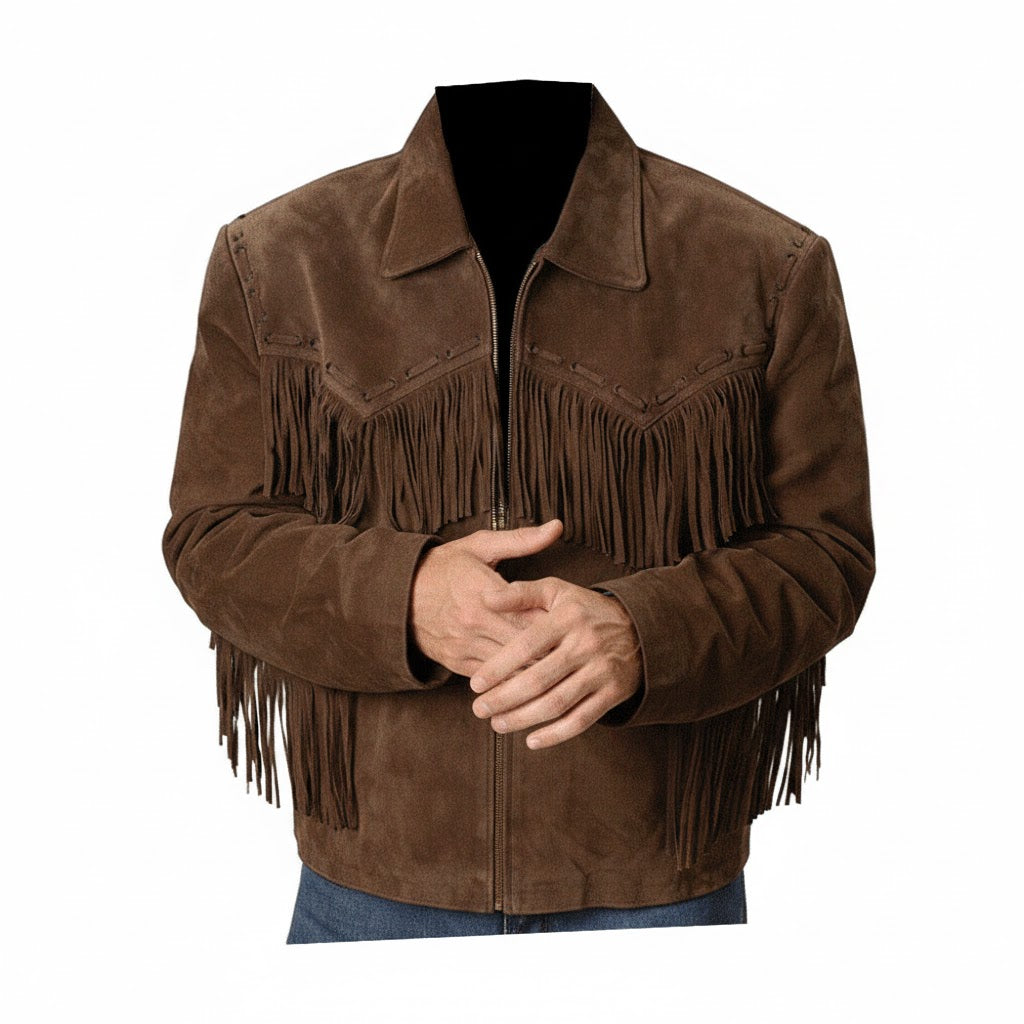 Men's Western Dark Brown Suede Leather Fringe Jacket MW1087
